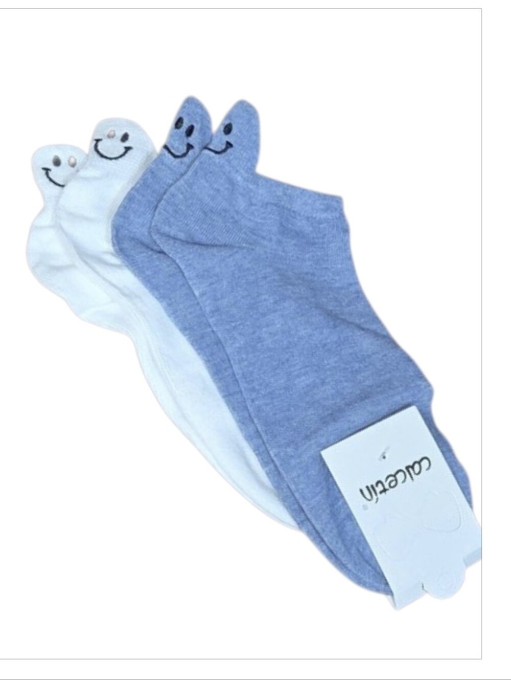 Calectin Smiley Face Ankle Socks Set 2-Pack – Blue White – NWT Sneaker Socks